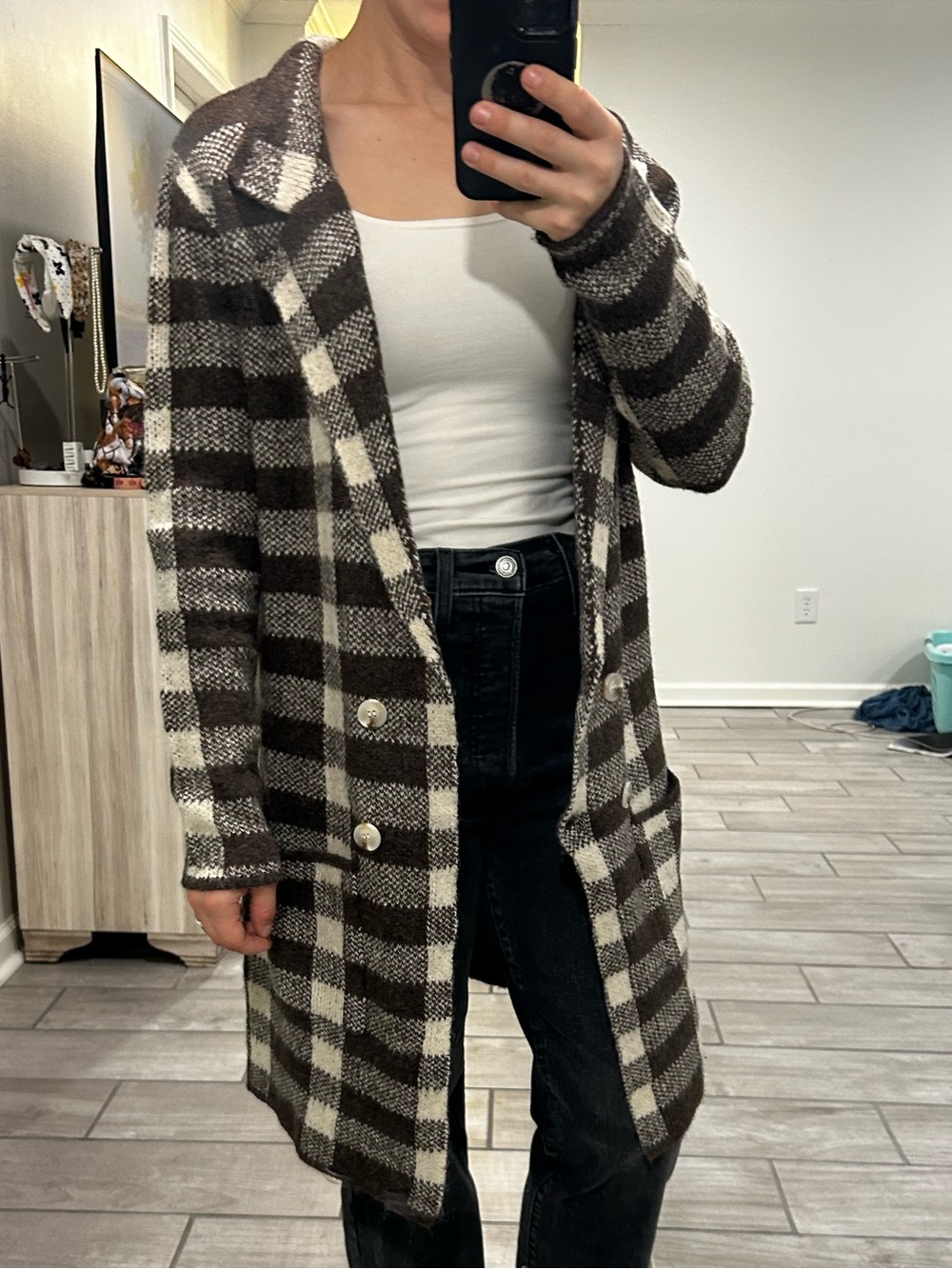 Pink Lily Checked Long Cardigan Sweater Coat - Brown & Cream